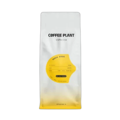 Białe opakowanie kawy ziarnistej Coffee Plant Kenia Nyeri 1 kg z żółtą etykietą, dostępne w sklepie z kawą specialty
